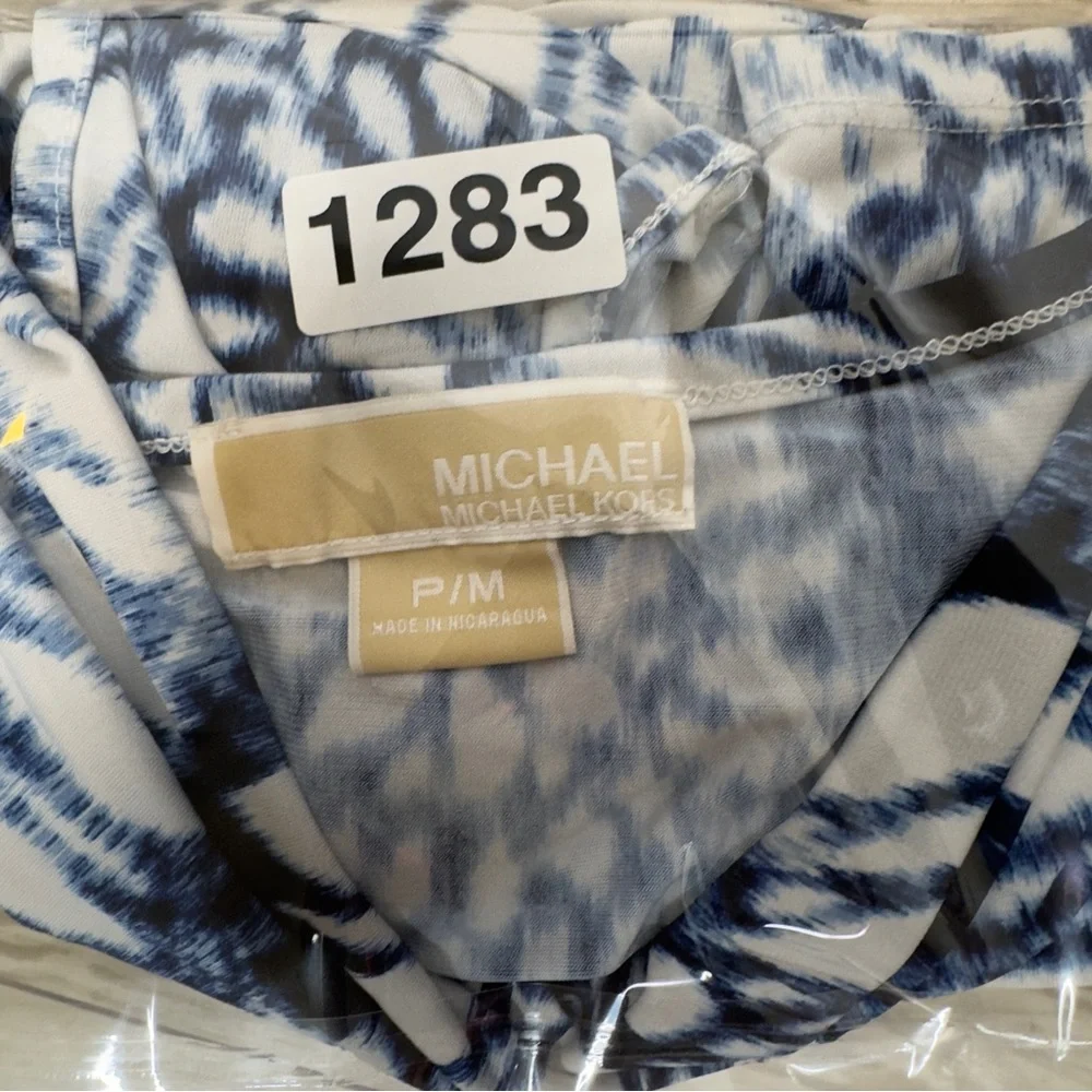 Michael Kors Petite Medium Sleeveless Abstract Floral‎ Top Blue White V-Neck